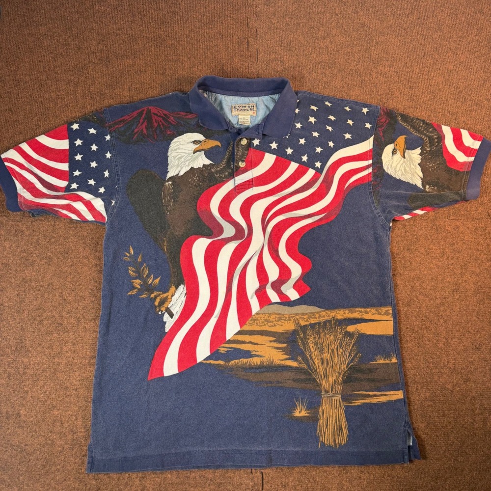 Cotton Traders Bald Eagle American Flag Polo Shirt Mens XL All Over Print Blue